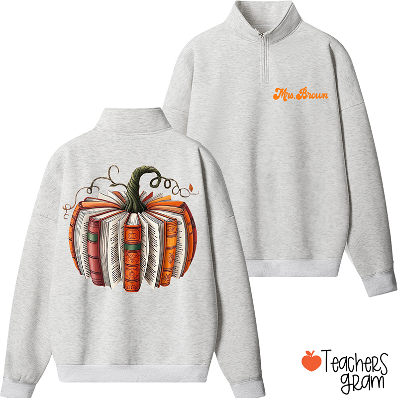 Personalized Name Pumpkin Book Teacher Quarter Zip Sweatshirt