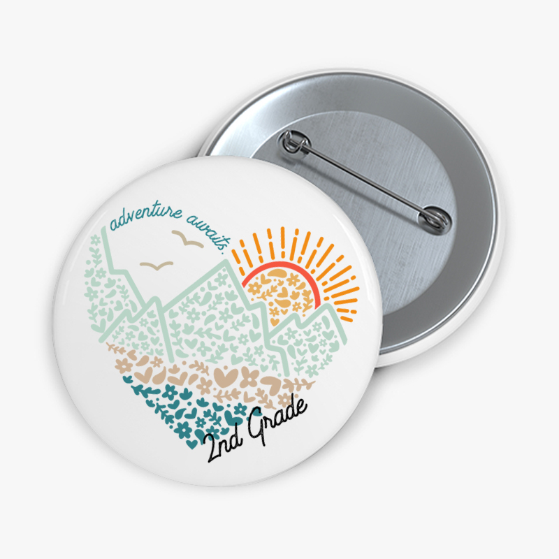 Personalized Grade Adventure Awaits Flower Mountain Sun Teacher Pinback Button