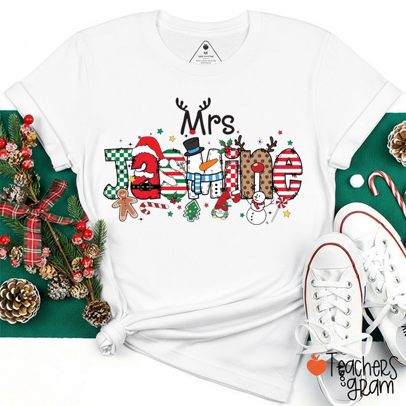 Personalized Name Preppy Christmas Design Teacher T-Shirt