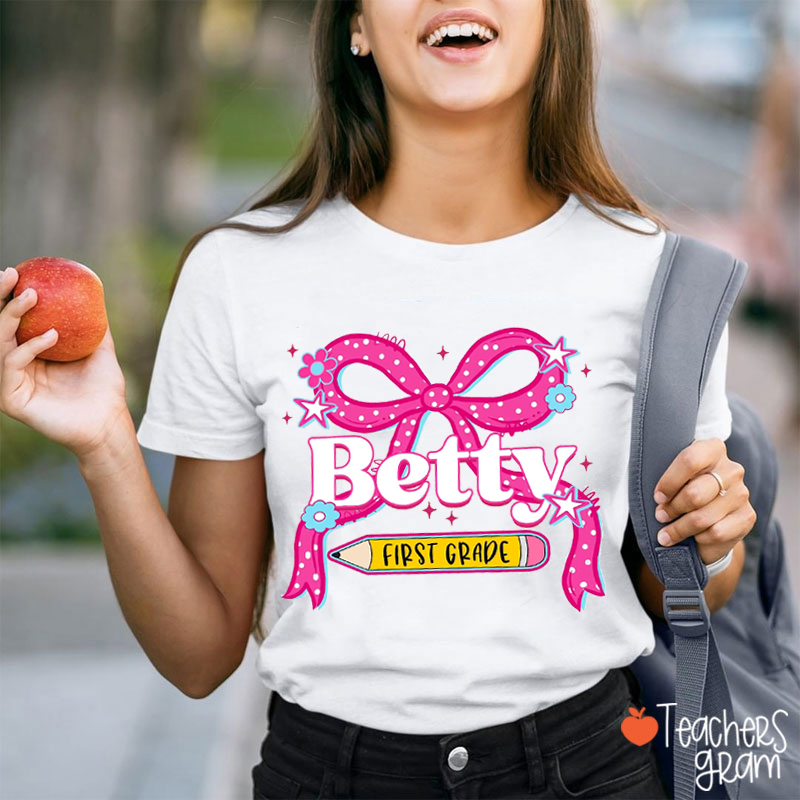 Personalized Name And Grade Polka Dot Bow Teacher T-Shirt