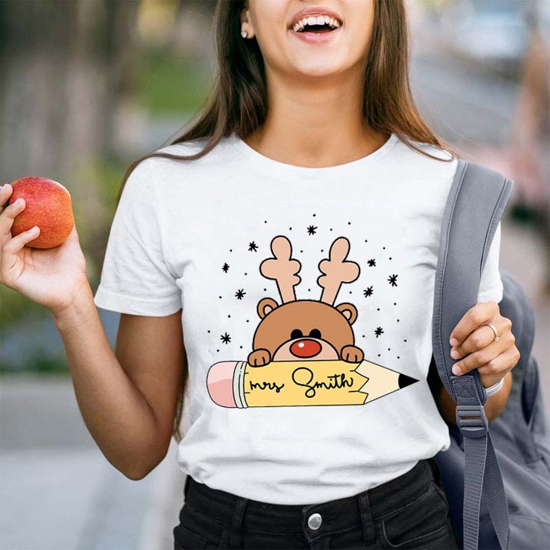 Personalized Name Christmas Cute Little Elk Teacher T-Shirt