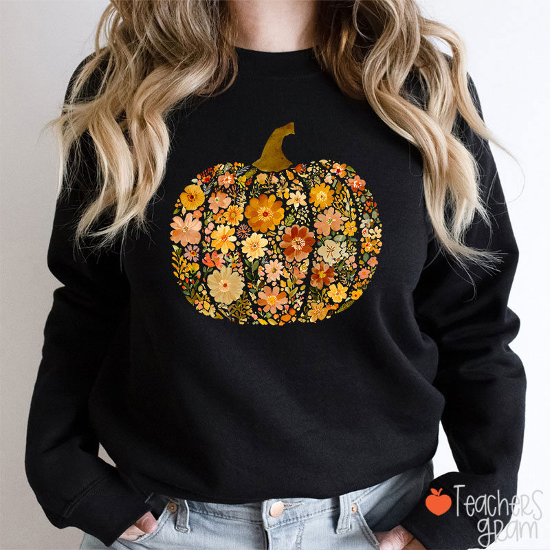 Pumpkin Orange Flowers Grass Teacher Sweatshirt
