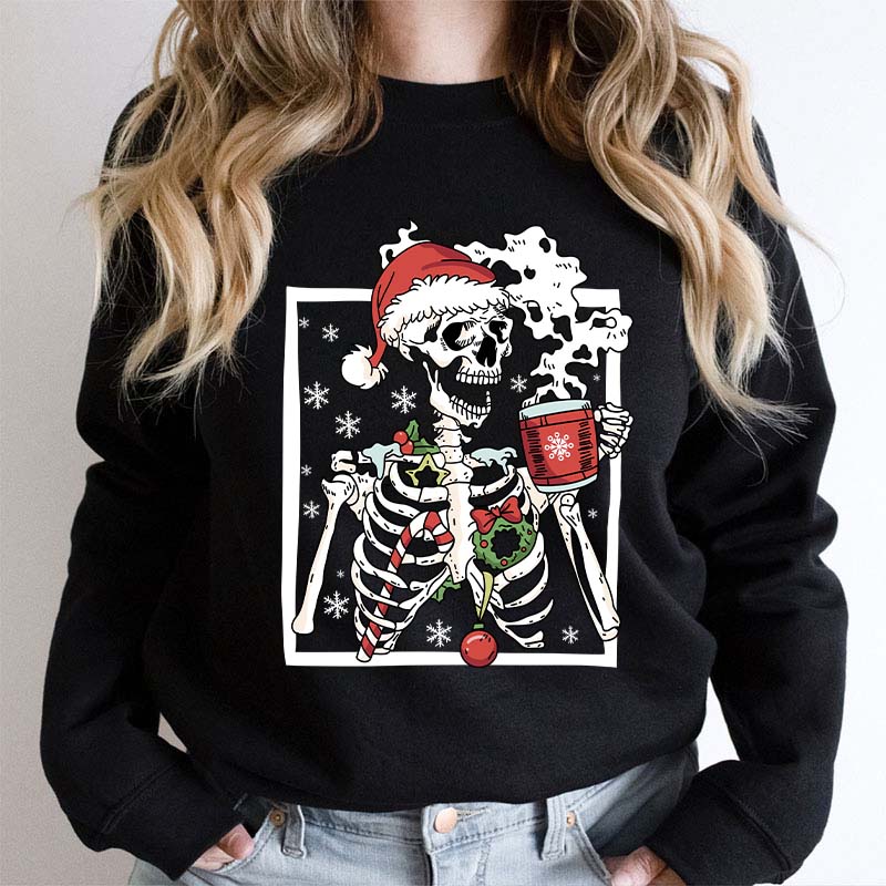Skeleton With Smiling Skull Drinking Coffee Latte Teacher Sweatshirt