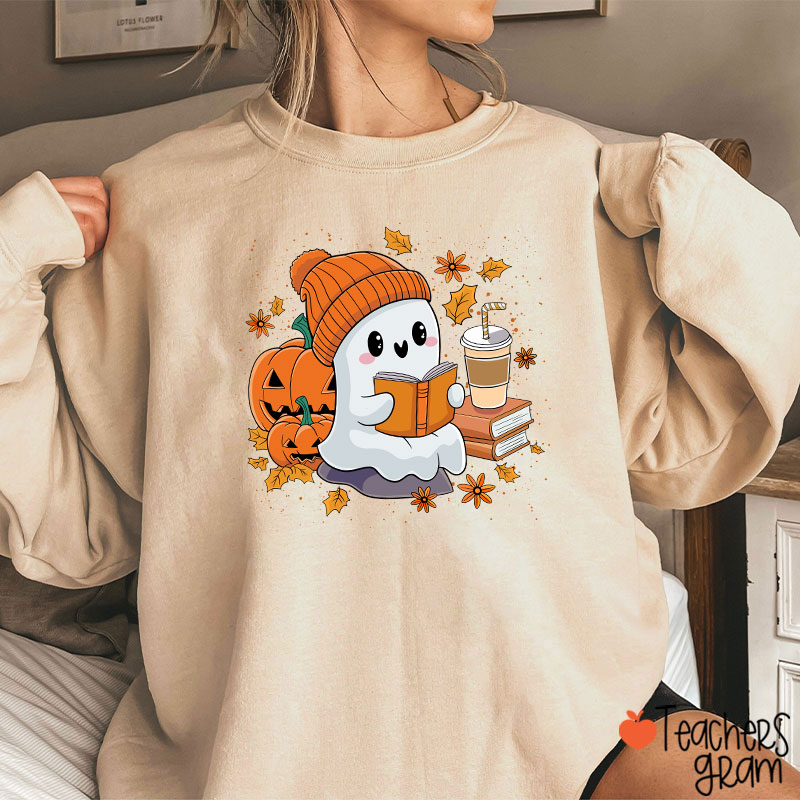 Reading Ghost Pumpkin Halloween Teacher Sweatshirt