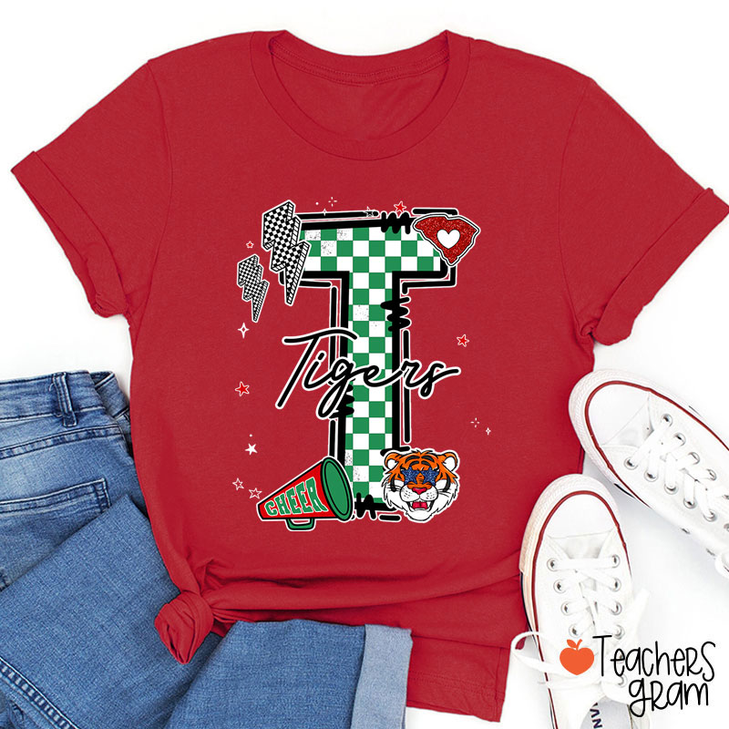 Personalized Mascot Initials Checkered School Spirit Teacher T-Shirt