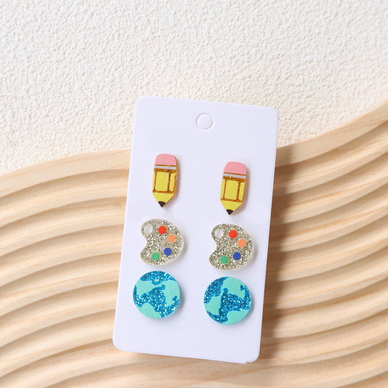 Cute Pencil Apple Globe Drawing Board Acrylic Earrings Set