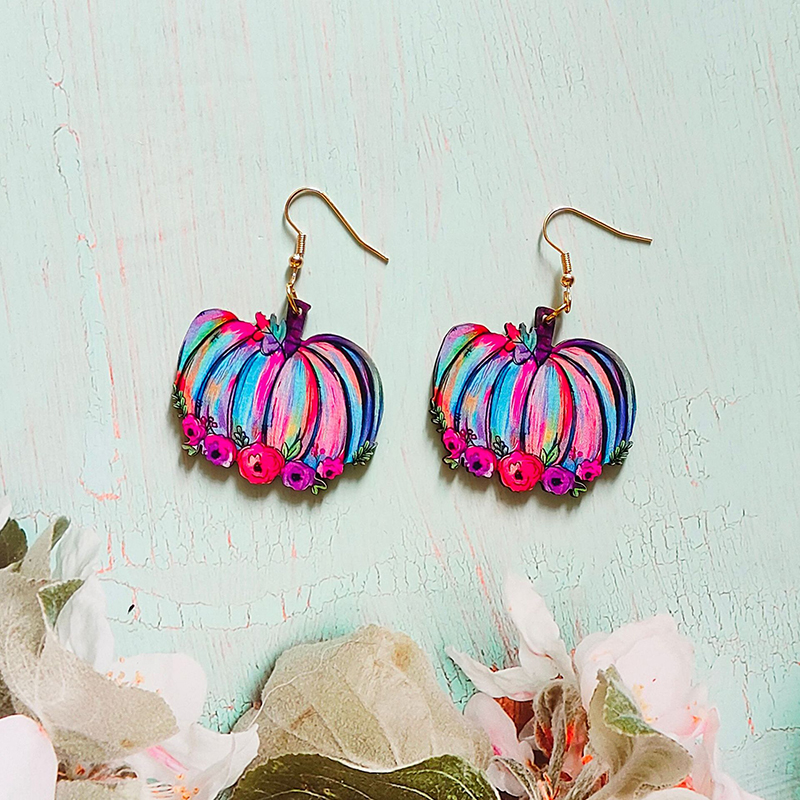 Flower Colored Pumpkin Wood Earrings