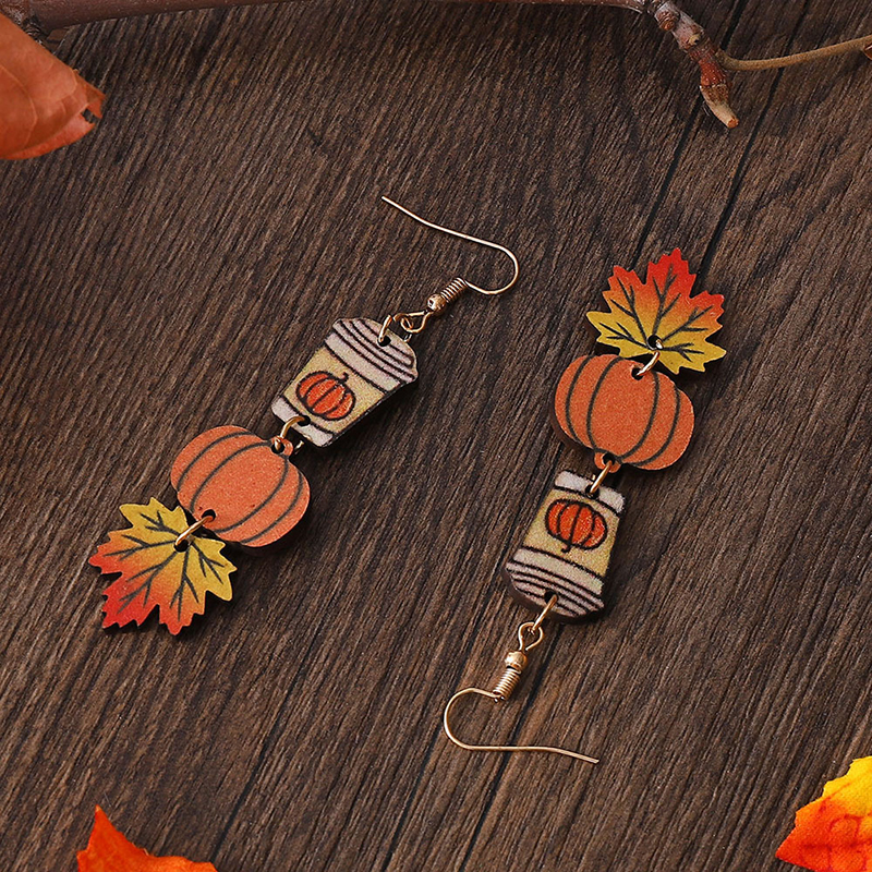 Pumpkin Maple Leaf Coffee Teacher Wood Earrings