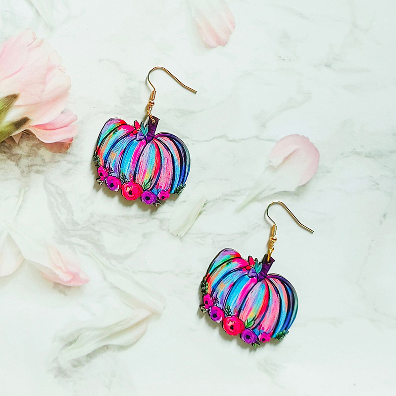 Flower Colored Pumpkin Wood Earrings