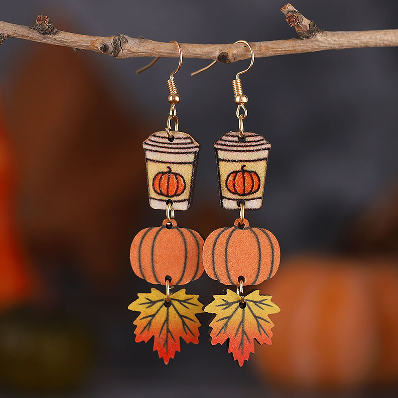Pumpkin Maple Leaf Coffee Teacher Wood Earrings