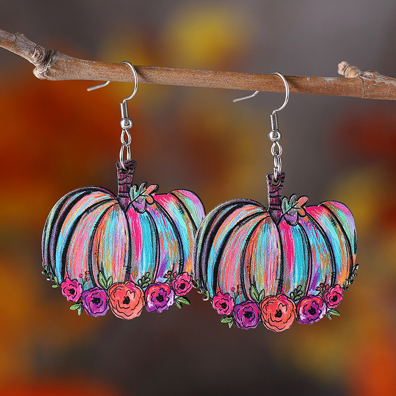 Flower Colored Pumpkin Wood Earrings