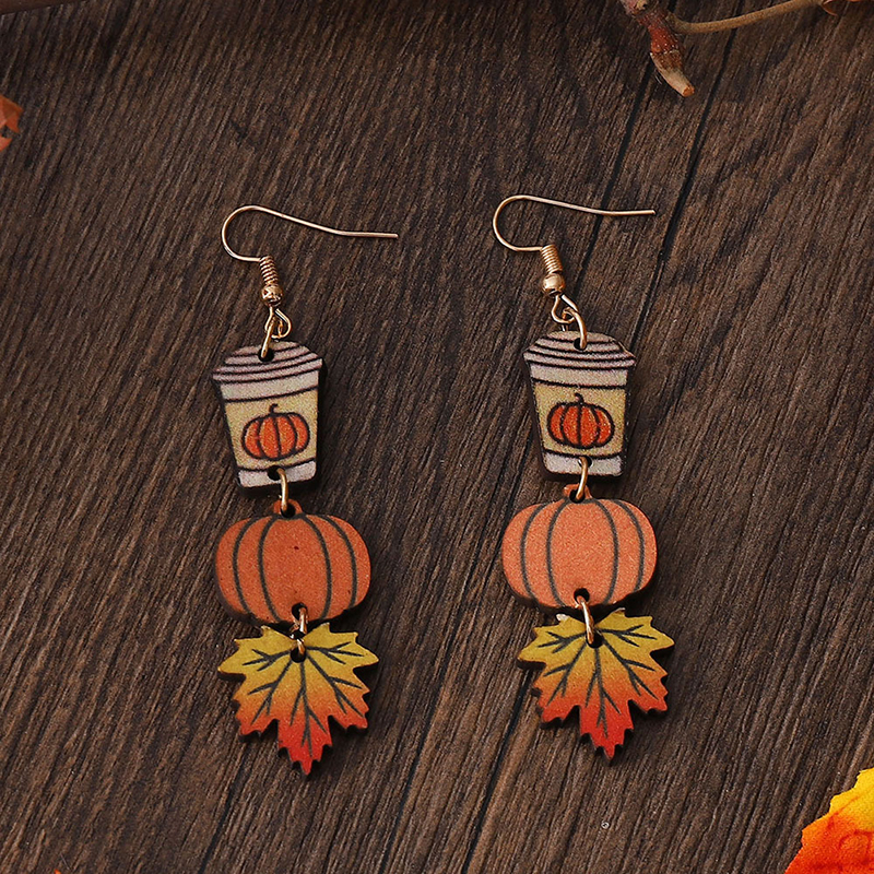 Pumpkin Maple Leaf Coffee Teacher Wood Earrings