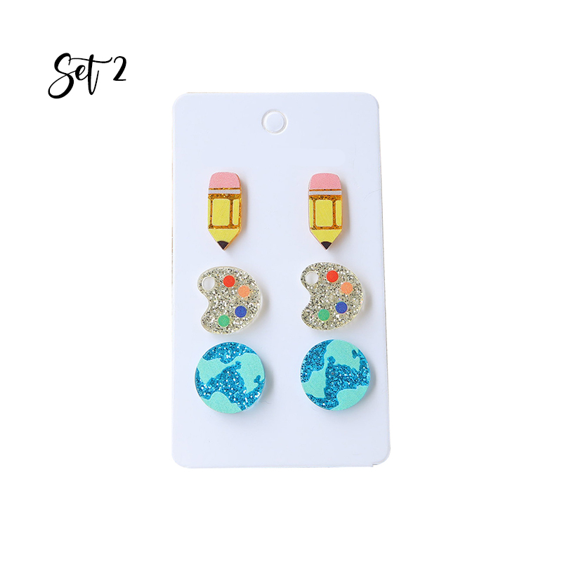 Cute Pencil Apple Globe Drawing Board Earrings Set