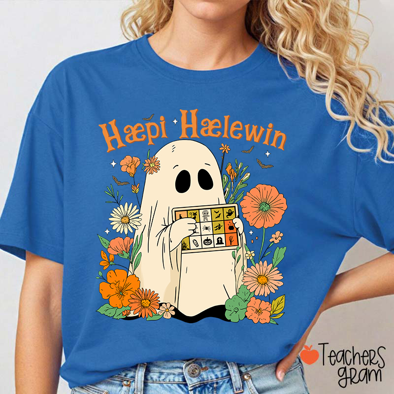 Happy Halloween Ghost With Floral Teacher T-Shirt