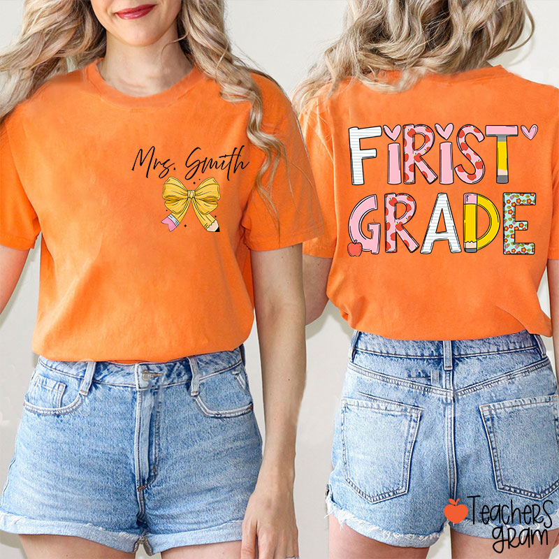 Personalized Grade Stationery  Heart Apple Pencil Teacher Two Sided T-Shirt