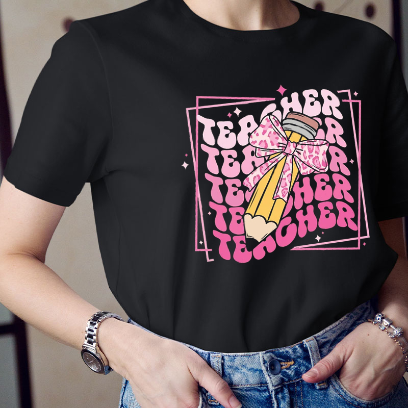 Personalized Leopard Print Bow Pencil Teacher T-Shirt
