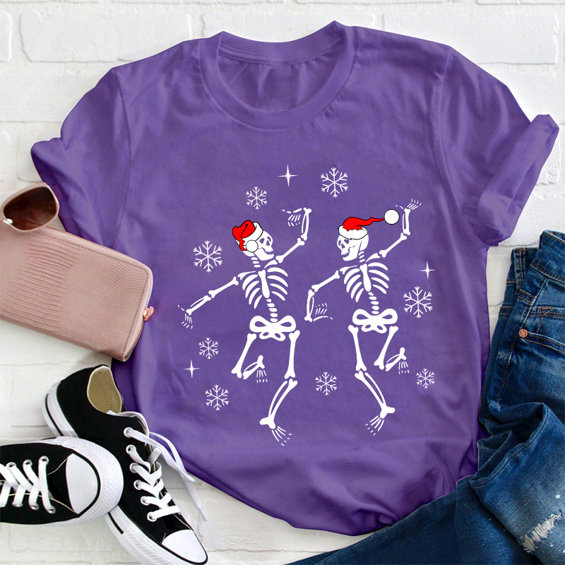 Dancing Skeleton With Santa Hat Teacher T-Shirt