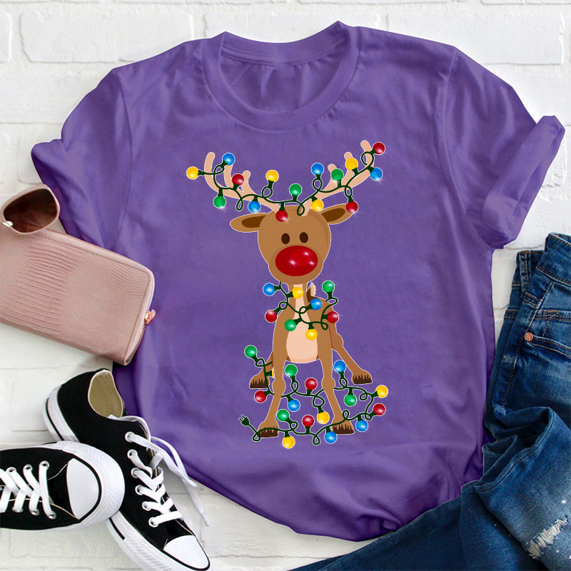 Elk Wrapped In Christmas Lights Teacher T-Shirt