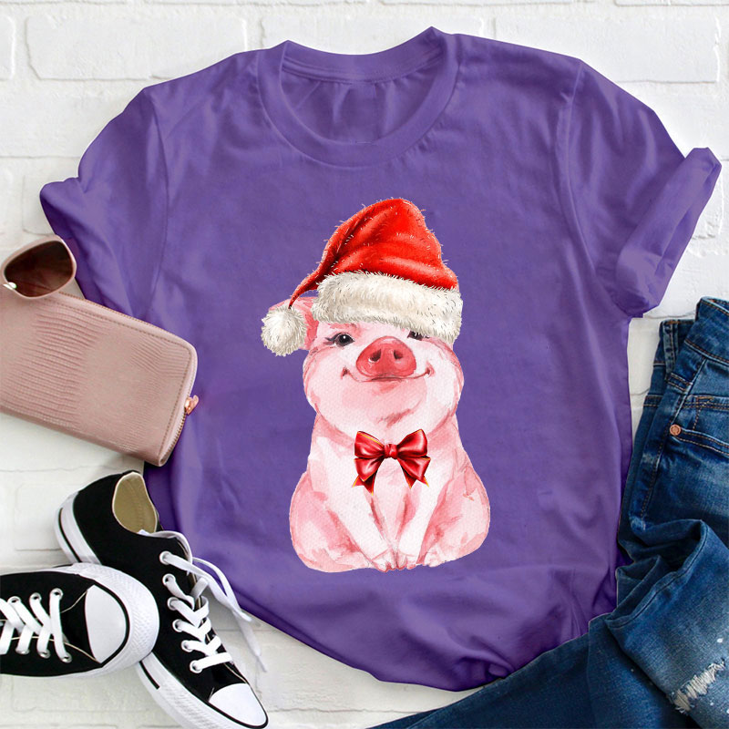 Cute Pig Wearing Christmas Hat Teacher T-Shirt