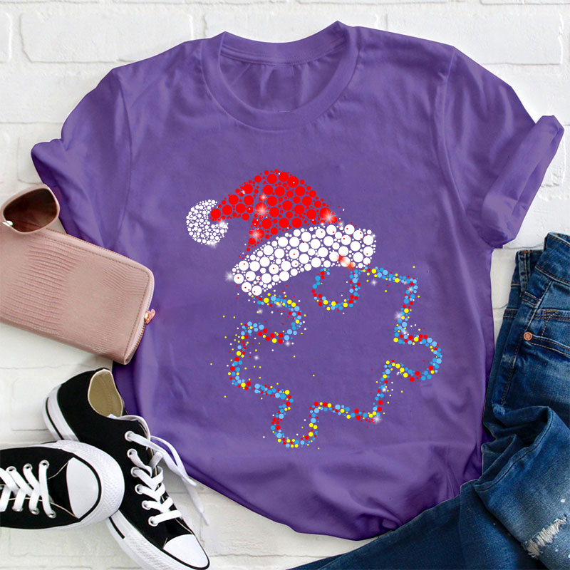 Colorful Puzzle Christmas Hat Teacher T-Shirt