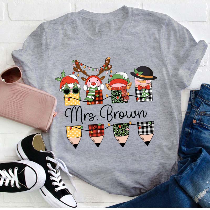 Personalized Name Cute Christmas Pencils Teacher T-Shirt