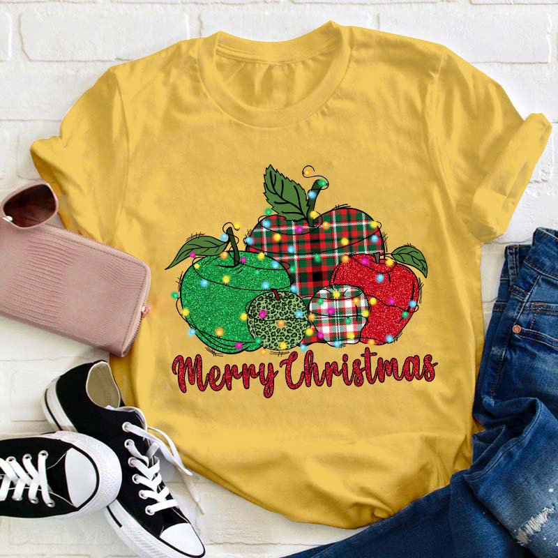 Christmas Apples Surrounded By Lights Teacher T-Shirt