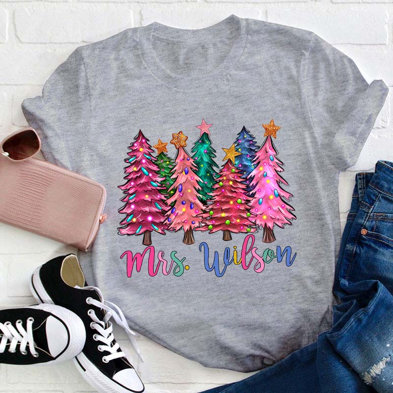 Personalized Name Colorful Christmas Trees Teacher T-Shirt