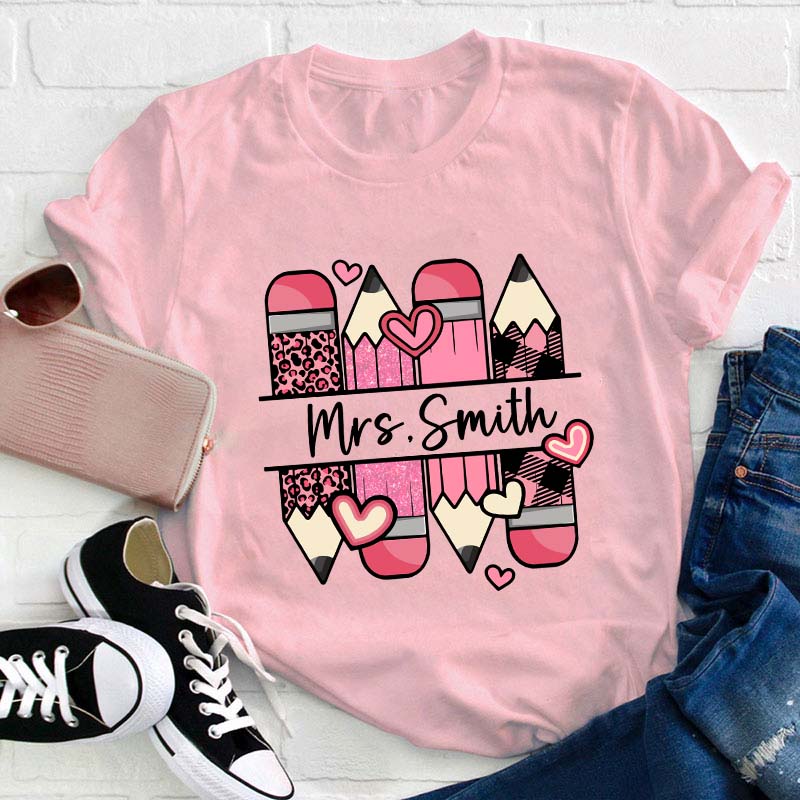 Personalized Name Pink Pencil Teacher T-Shirt