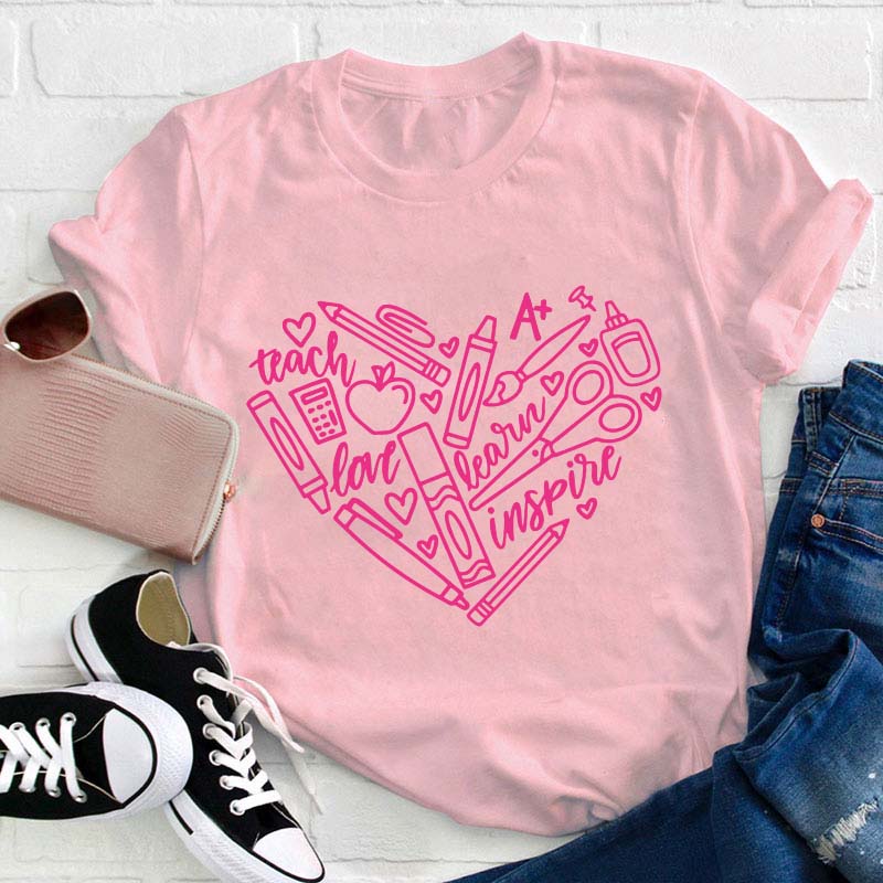 Teach Learn Inspire Heart Teacher T-Shirt