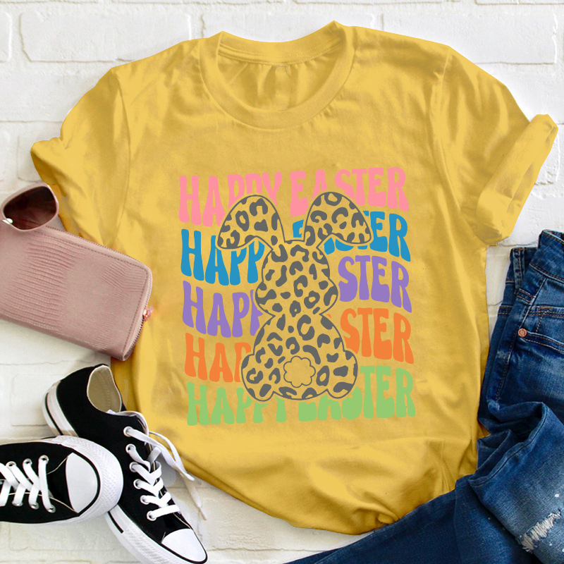Happy Easter Leopard Bunny Teacher T-Shirt