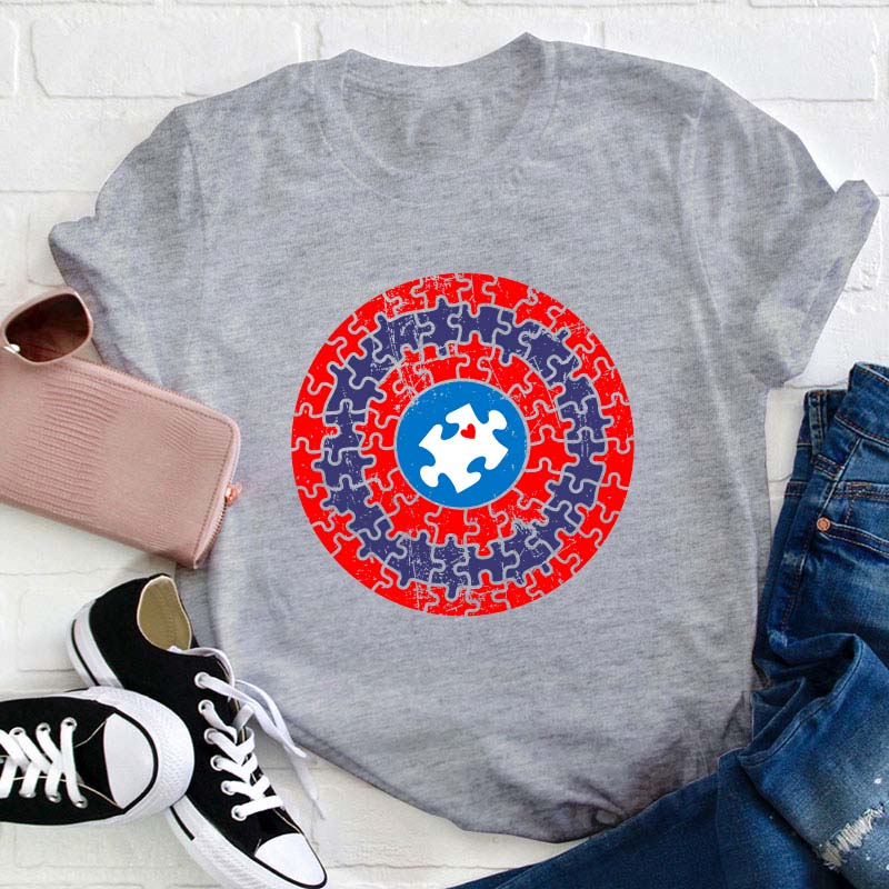 Superhero Shield Autism Puzzle Teacher T-Shirt