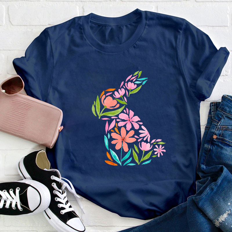 Pink Flower Spring Bunny Teacher T-Shirt
