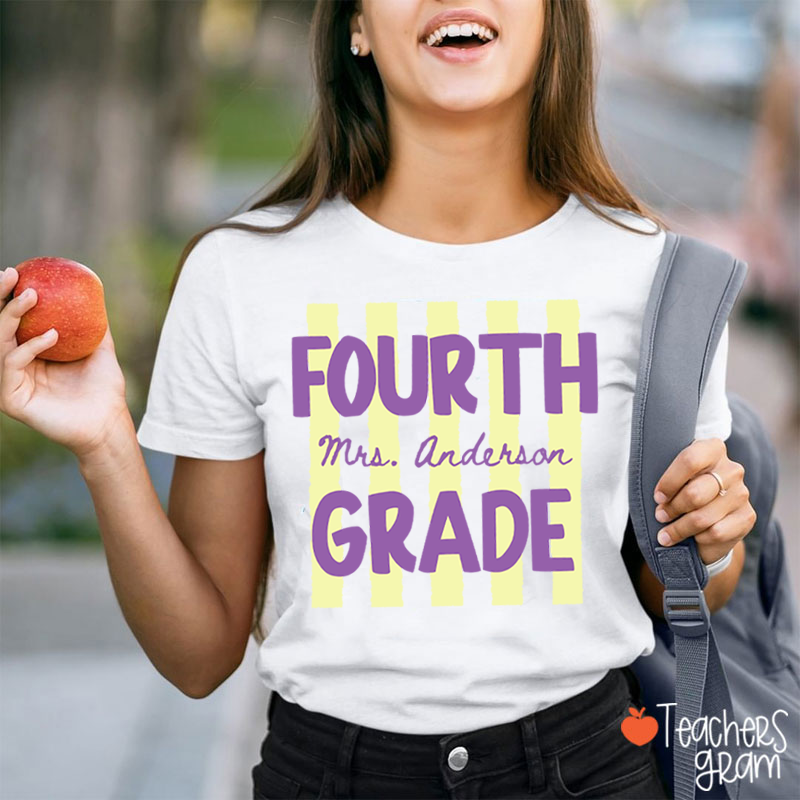 Personalized Name And Grade Preppy Stripes Teacher T-Shirt