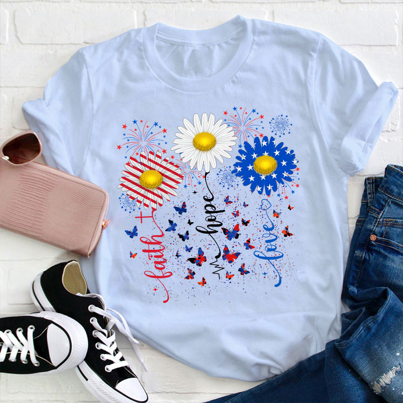 Faith Hope Love Flag Sunflower Teacher T-Shirt