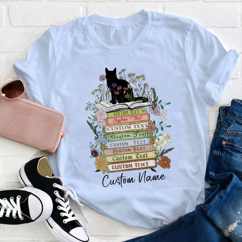 Personalized Vintage Floral Cat Books Teacher T-Shirt