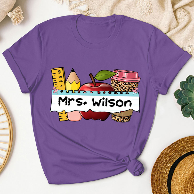 Personalized Name Apple Coffee School Supplies Teacher T-Shirt