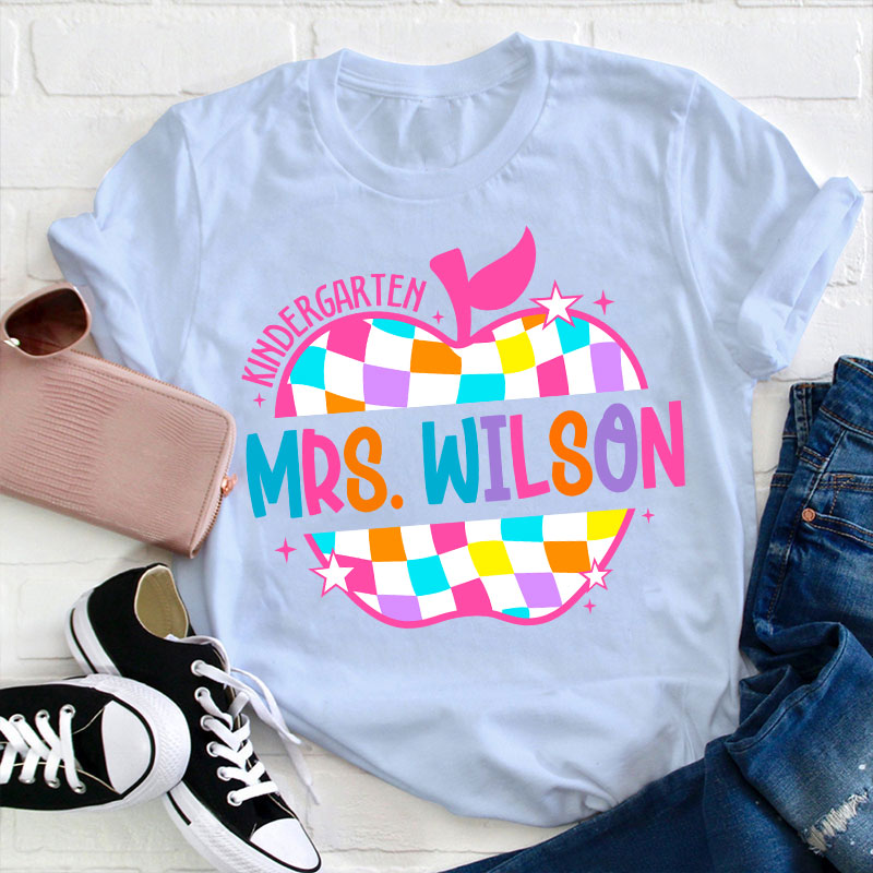 Personalized Colorful Checkerboard Hollow Apple Teacher T-Shirt