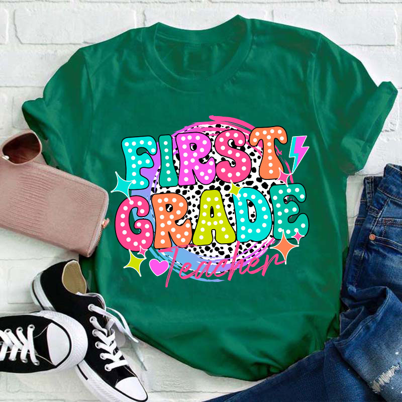 Personalized  Grade Spotted Print Color Icon Teacher T-Shirt