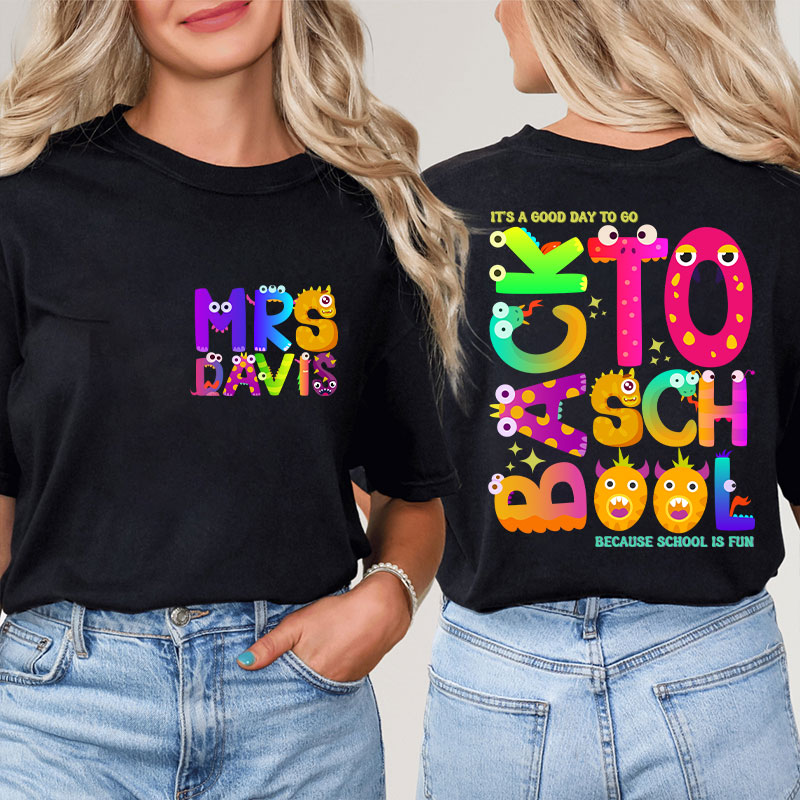 Personalized Name Cute Animal Alphabet Teacher Two Sided T-Shirt
