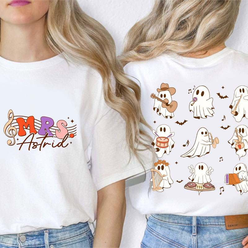 Personalized Name Ghost Music Teacher Two Sided T-Shirt