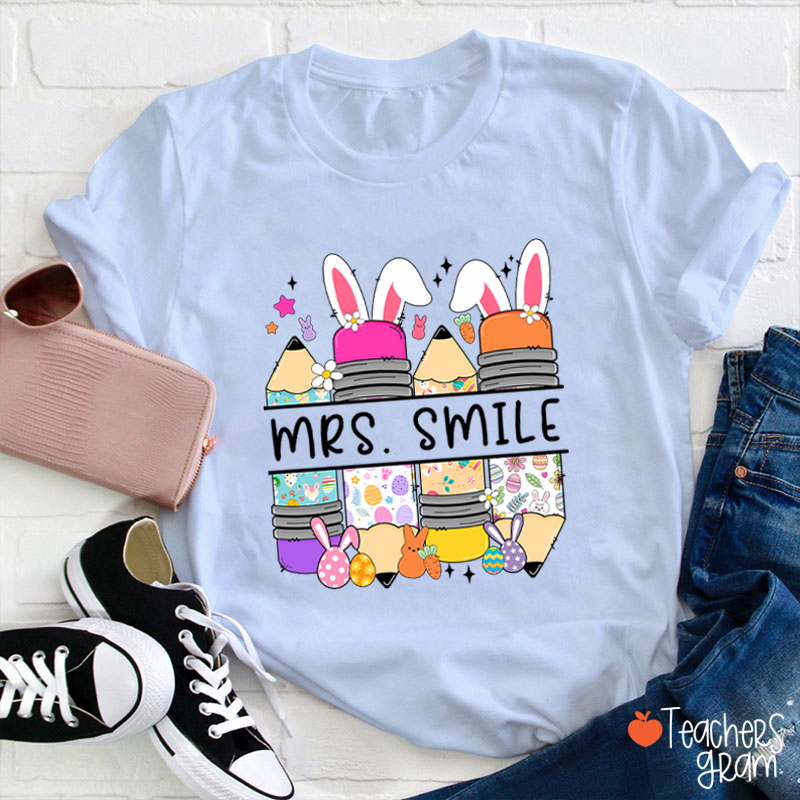 Personalized Name Bunny Pencil Teacher T-Shirt