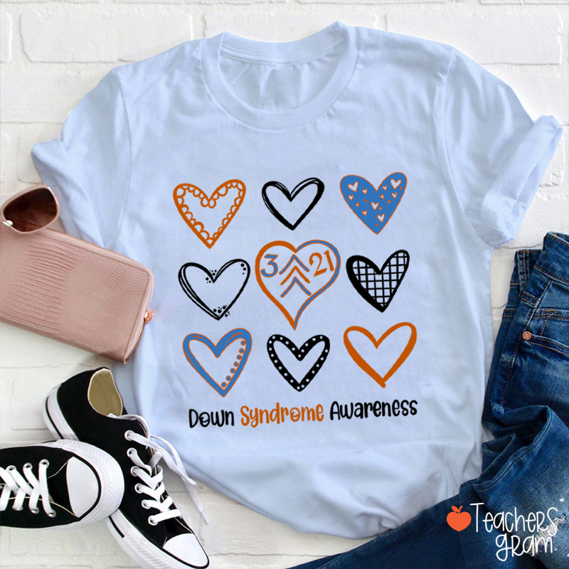 Down Syndrome Awareness Heart Teacher T-Shirt