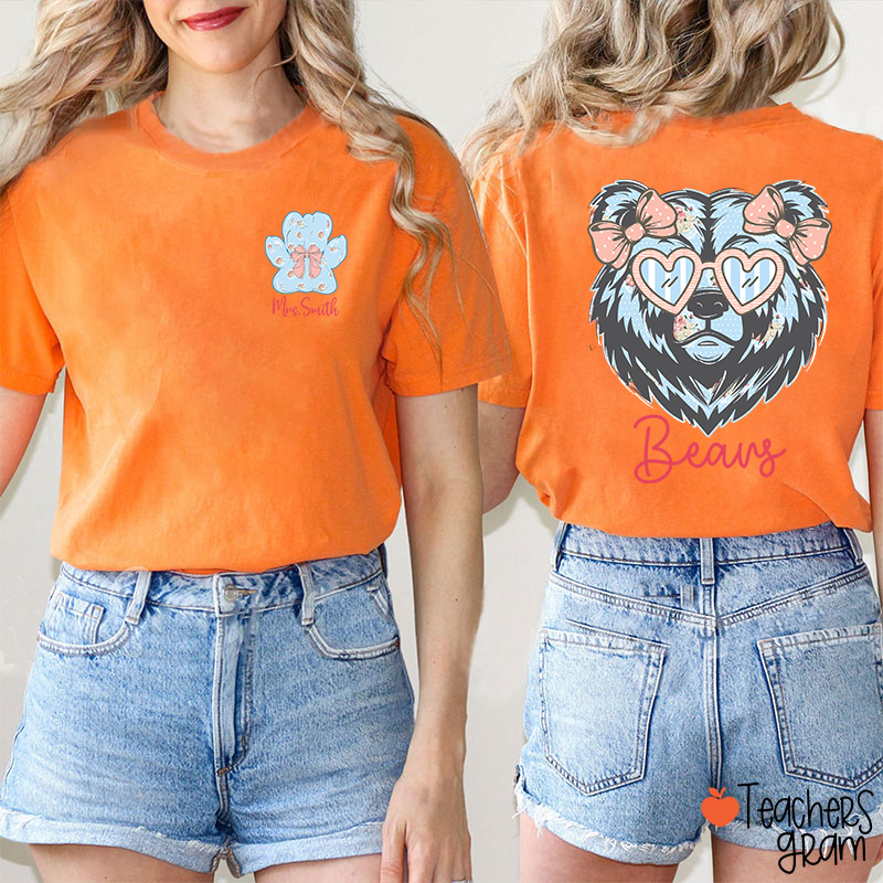 Personalized Mascot And Name Cute Coquette Bow Teacher Two Sided T-Shirt