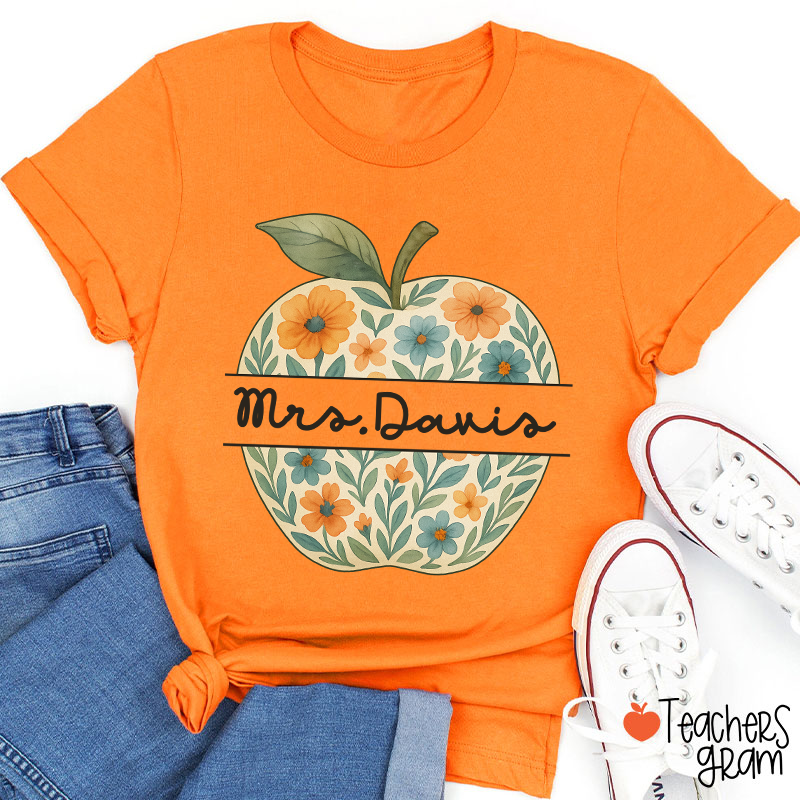 Personalized Name Vintage Floral Apple Teacher T-Shirt