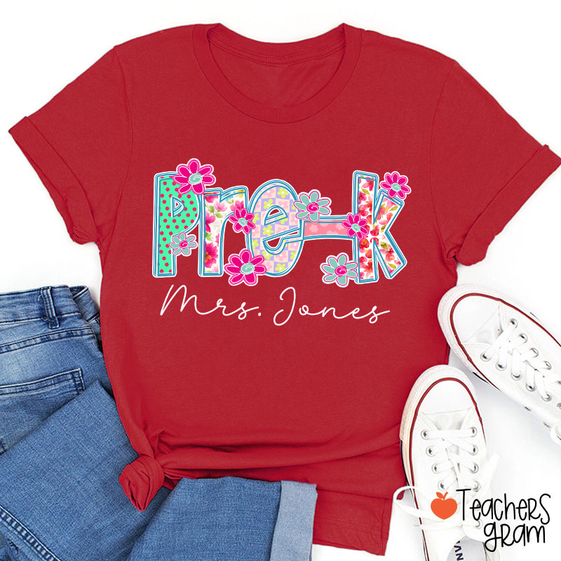 Personalized Grade Flowers Font Teacher T-Shirt