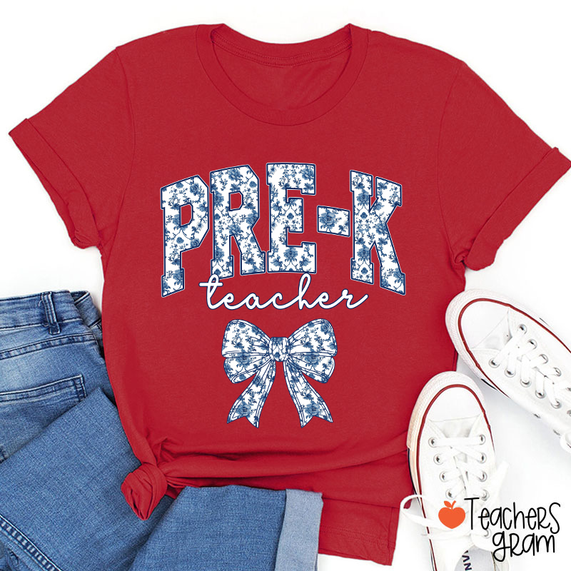 Personalized Text Blue And White Porcelain Bow Teacher T-Shirt