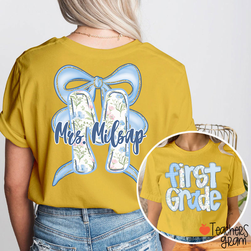 Personalized Grade And Name Initials Blue Bow Teacher Two Sided T-Shirt