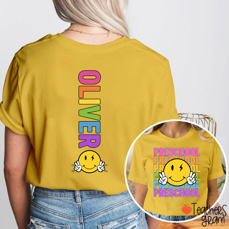 Personalized Grade And Name Smiley Face Teacher Two Sided T-Shirt