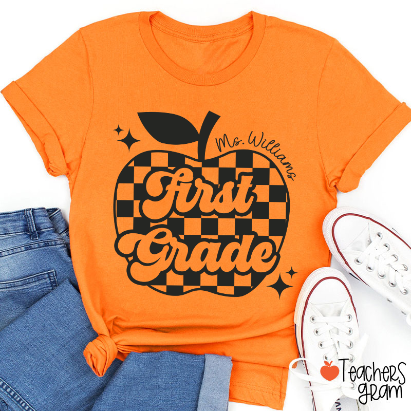 Personalized Black And White Checkerboard Apple And Name Teacher T-Shirt