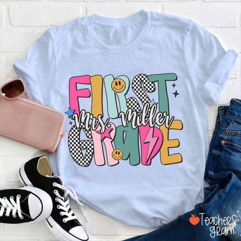 Personalized Grade Checkered Smiley Lightning Teacher T-Shirt